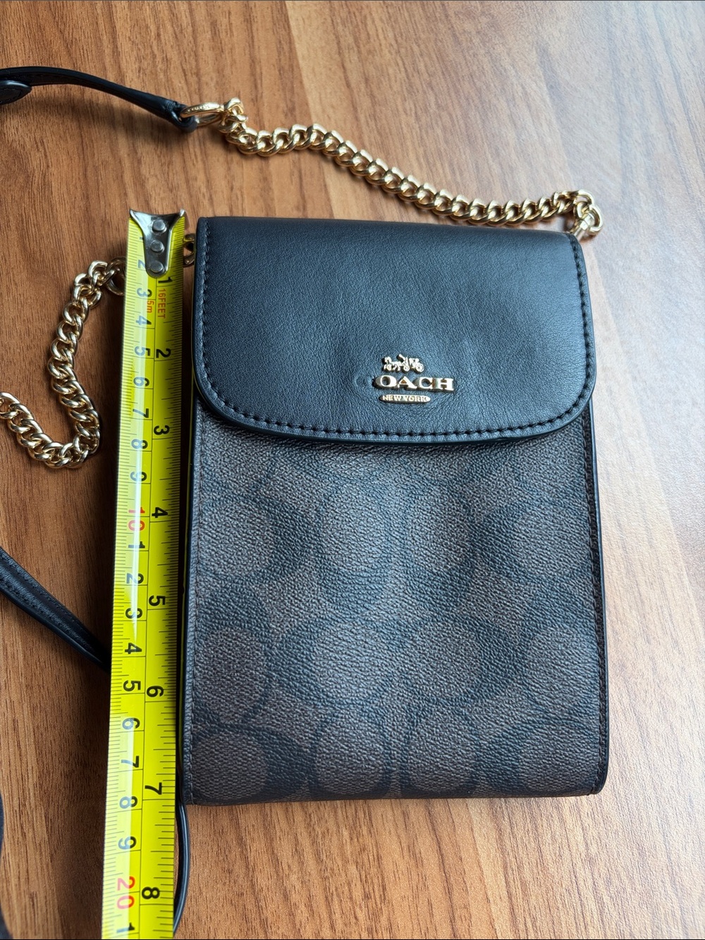 Coach Brown Signature Crossbody Phone Pouch with Gold Chain - Picture 2 of 12